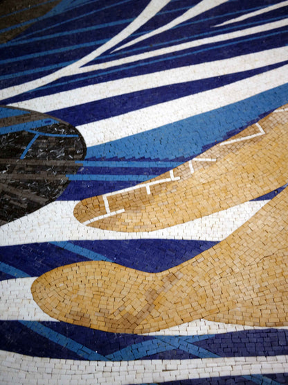 Abstract Ocean Wave & Fish – Contemporary Marble Mosaic Wall Art - Mesh Backing