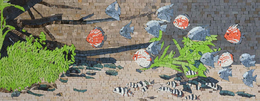 Tropical Fish & Seagrass Underwater Scene – Marine Life Marble Mosaic Wall & Pool Art - Mesh Backing