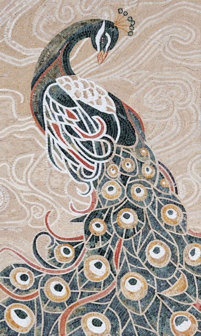 Peacock Portrait – Ornate Marble Mosaic Wall Art - Mesh Backing
