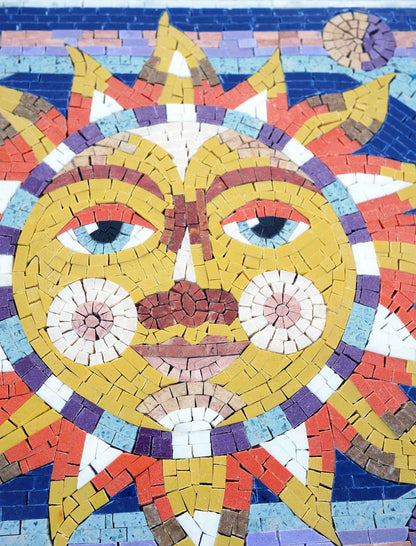 Smiling Sun Face – Colourful Celestial Marble Mosaic Wall Art - Mesh Backing