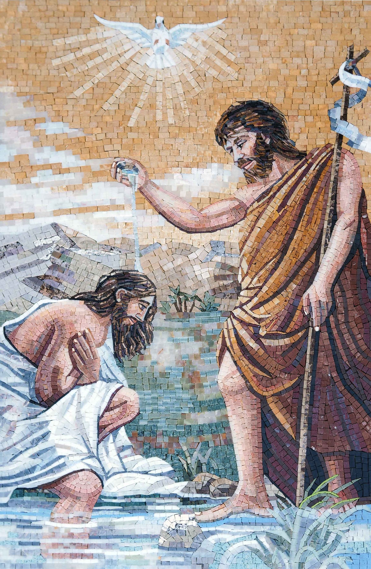 Baptism of Christ – Christian Marble Mosaic Wall Art - Mesh Backing