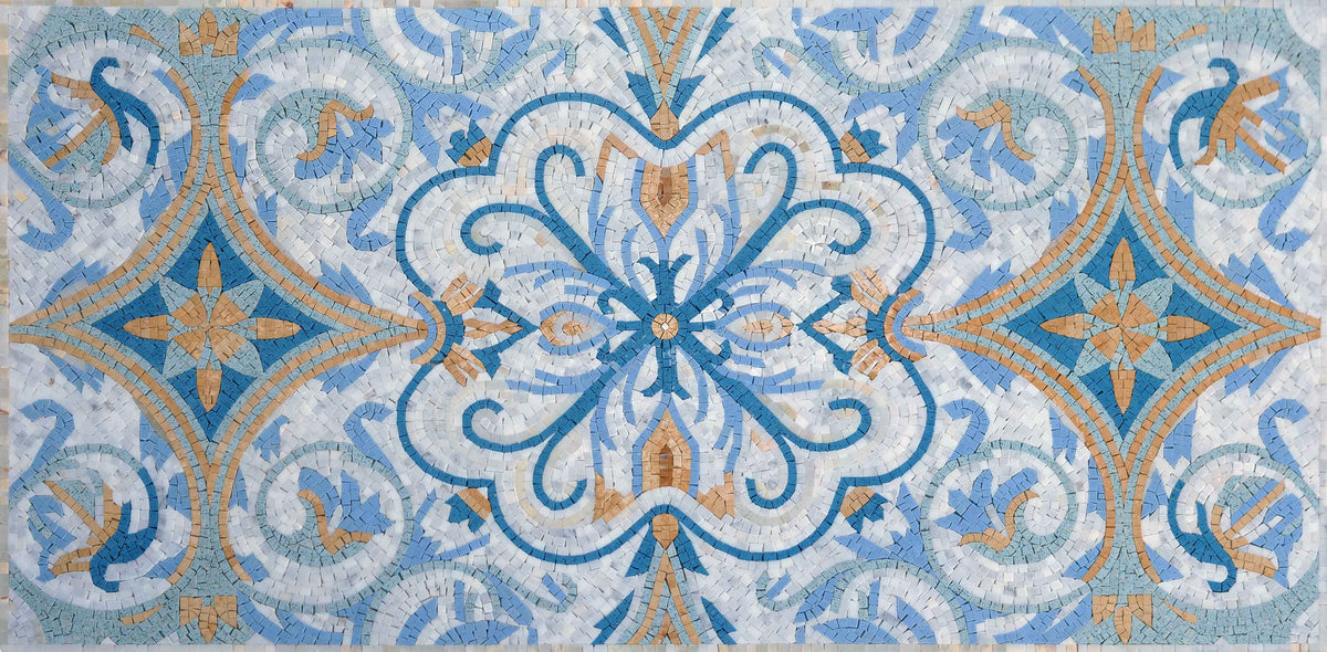 Blue Damask Medallion – Moroccan Style Marble Mosaic Rug - Mesh Backing