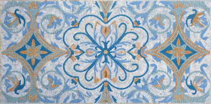 Blue Damask Medallion – Moroccan Style Marble Mosaic Rug - Mesh Backing