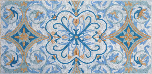 Blue Damask Medallion – Moroccan Style Marble Mosaic Rug - Mesh Backing