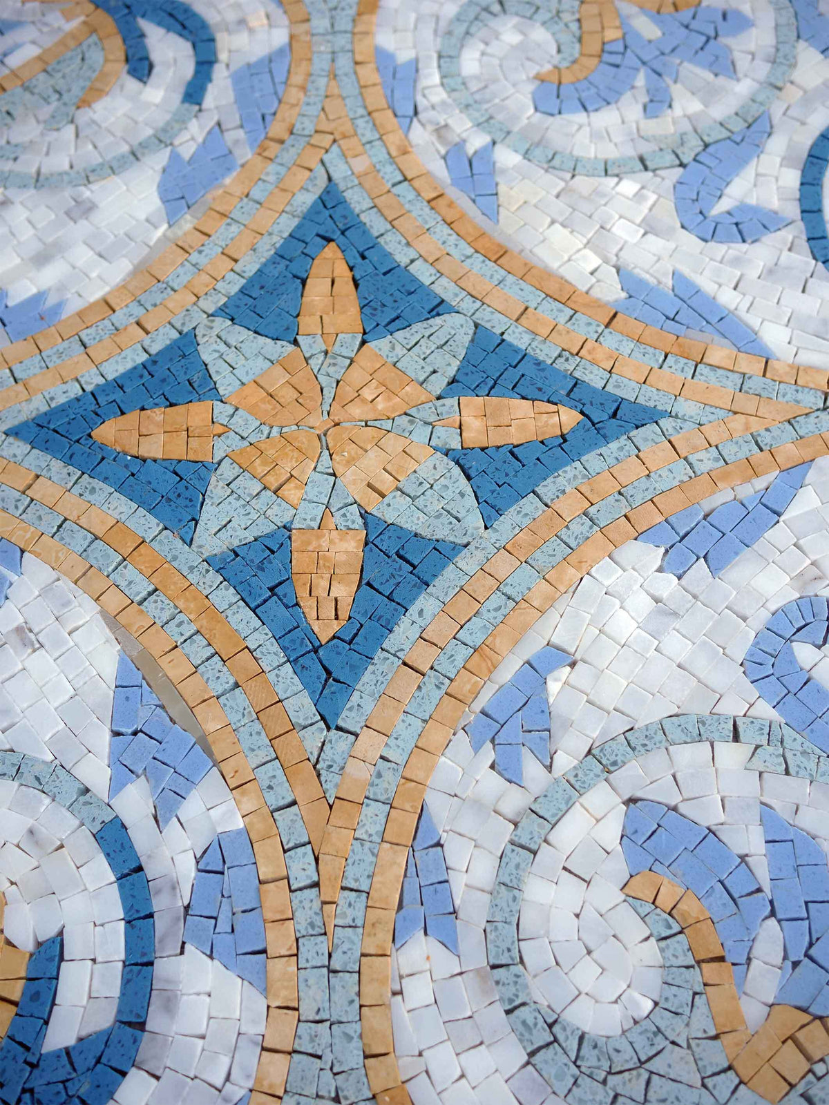 Blue Damask Medallion – Moroccan Style Marble Mosaic Rug - Mesh Backing