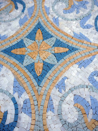 Blue Damask Medallion – Moroccan Style Marble Mosaic Rug - Mesh Backing