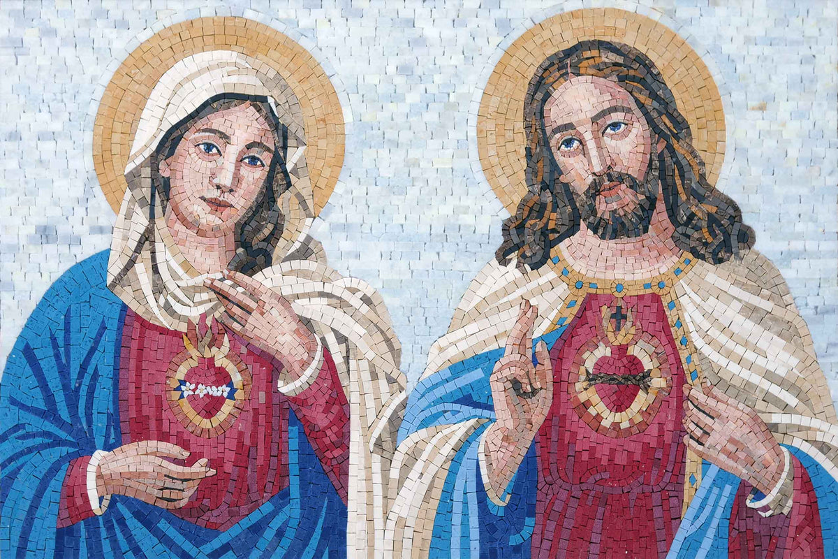Sacred Hearts of Jesus and Mary | Catholic Devotional Art - Red Marble Mosaic - Mesh Backing
