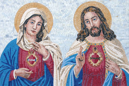 Sacred Hearts of Jesus and Mary | Catholic Devotional Art - Red Marble Mosaic - Mesh Backing