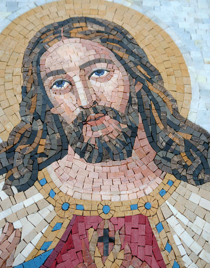 Sacred Hearts of Jesus and Mary | Catholic Devotional Art - Red Marble Mosaic - Mesh Backing