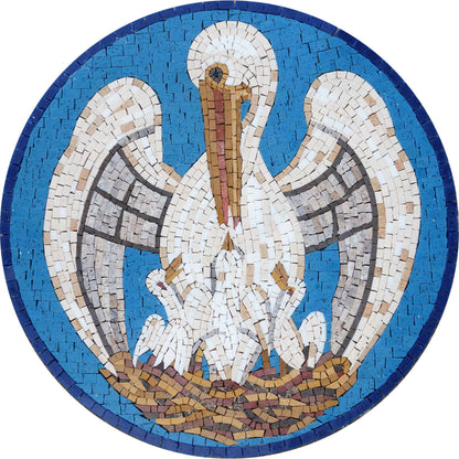 Pelican in Her Piety – Blue Round Marble Mosaic Medallion - Mesh Backing