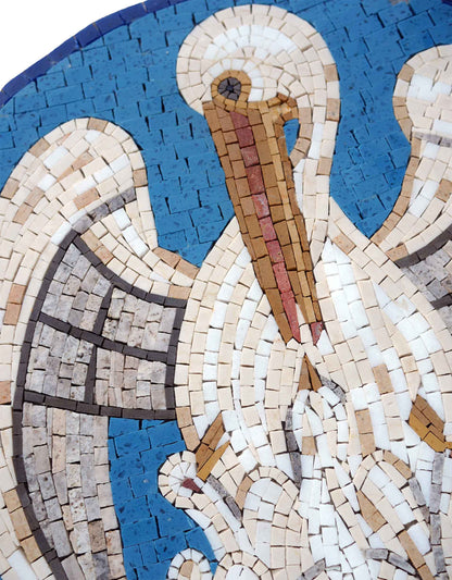 Pelican in Her Piety – Blue Round Marble Mosaic Medallion - Mesh Backing