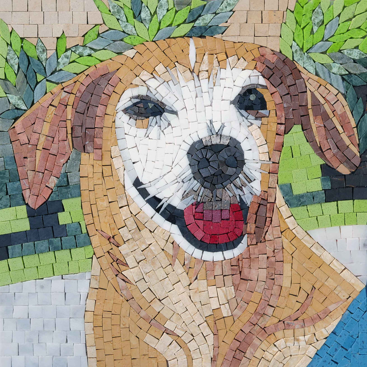 Smiling Golden Retriever Portrait – Pet Marble Mosaic Portrait - Mesh Backing