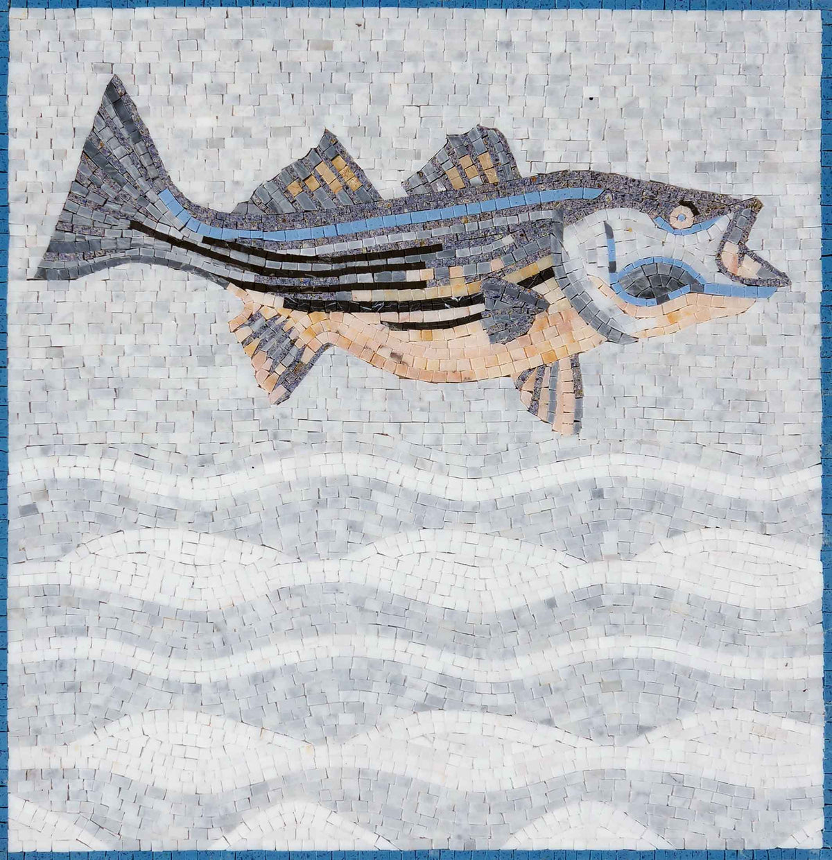 Leaping Striped Bass – Coastal Marble Mosaic Wall Art - Mesh Backing