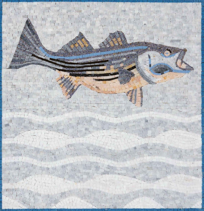 Leaping Striped Bass – Coastal Marble Mosaic Wall Art - Mesh Backing