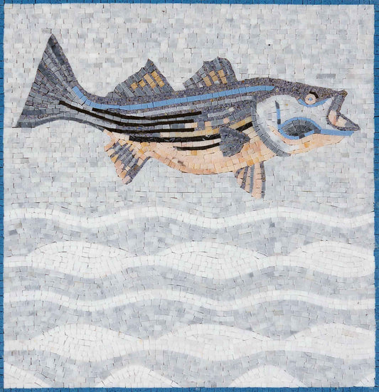 Leaping Striped Bass – Coastal Marble Mosaic Wall Art - Mesh Backing