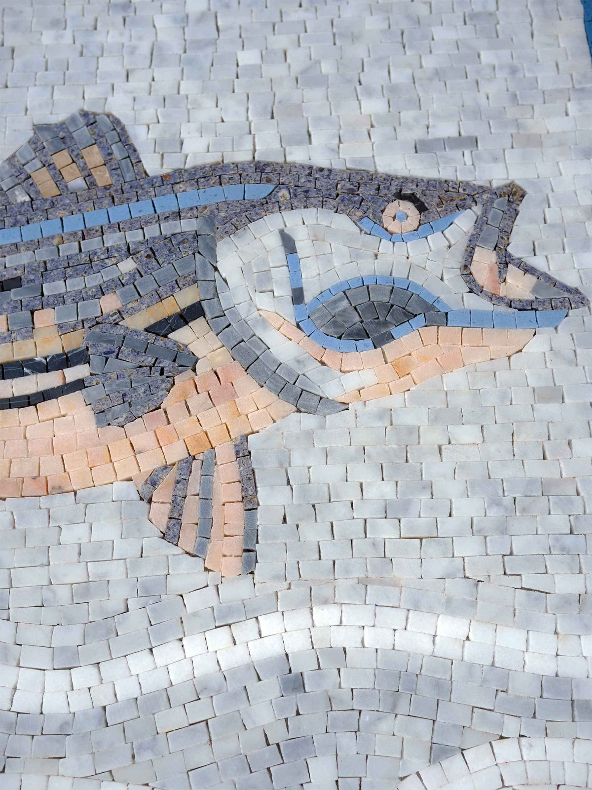 Leaping Striped Bass – Coastal Marble Mosaic Wall Art - Mesh Backing