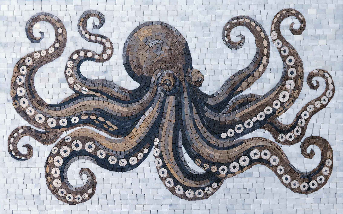 Octopus with Curling Tentacles – Marine Life Marble Mosaic Wall Art - Mesh Backing