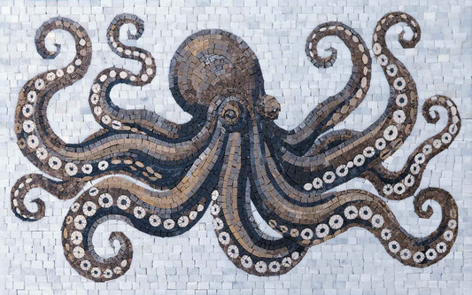 Octopus with Curling Tentacles – Marine Life Marble Mosaic Wall Art - Mesh Backing