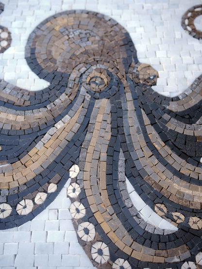 Octopus with Curling Tentacles – Marine Life Marble Mosaic Wall Art - Mesh Backing