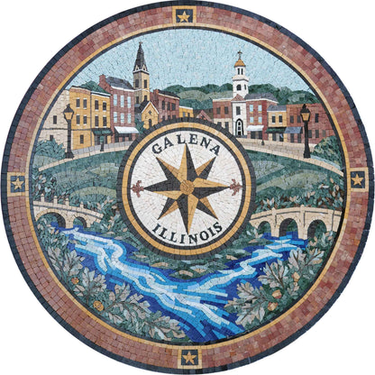 Galena Illinois Town Seal – Custom Historic Marble Mosaic Rug - Mesh Backing