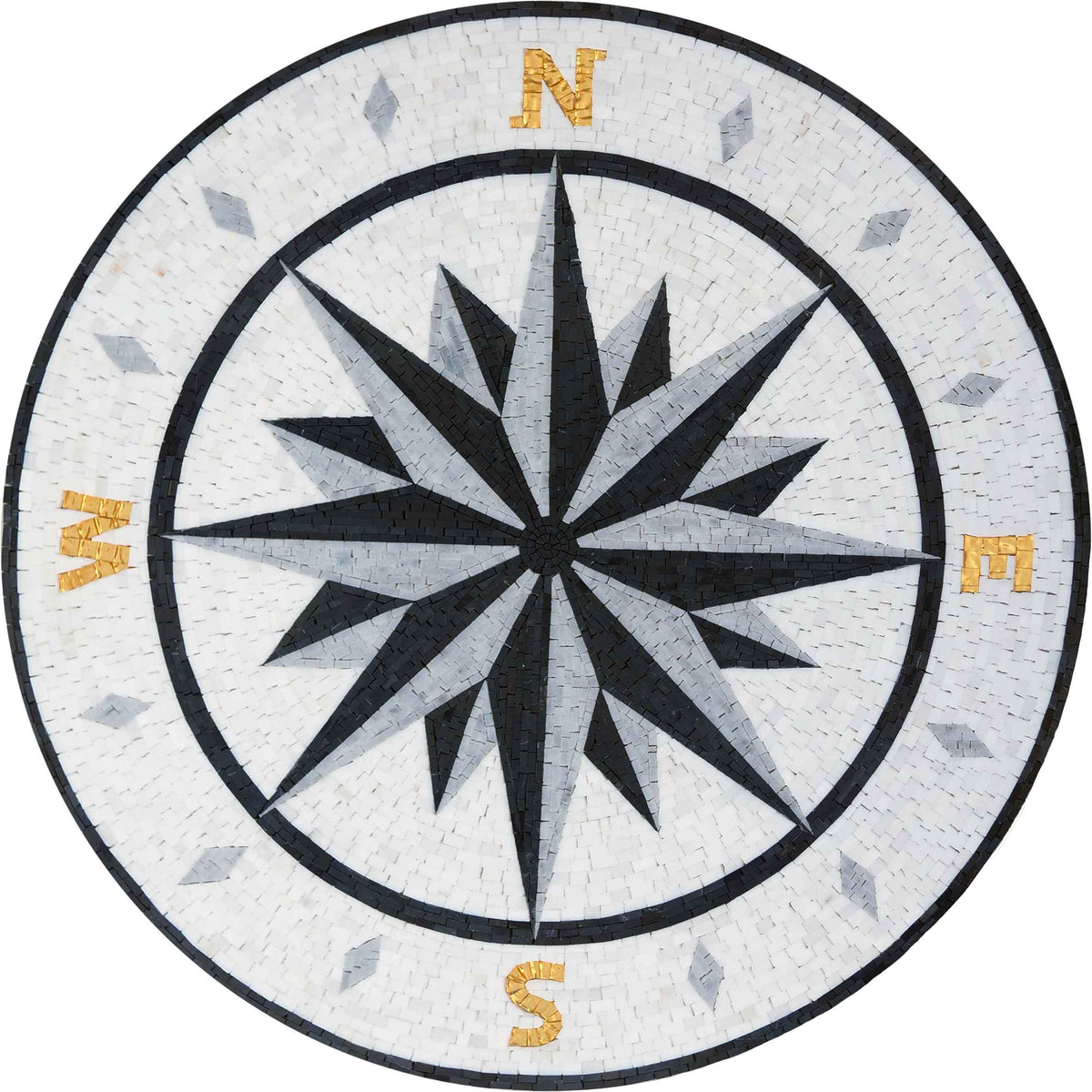 Classic Compass Rose – Black and Gold Marble Mosaic Rug - Mesh Backing