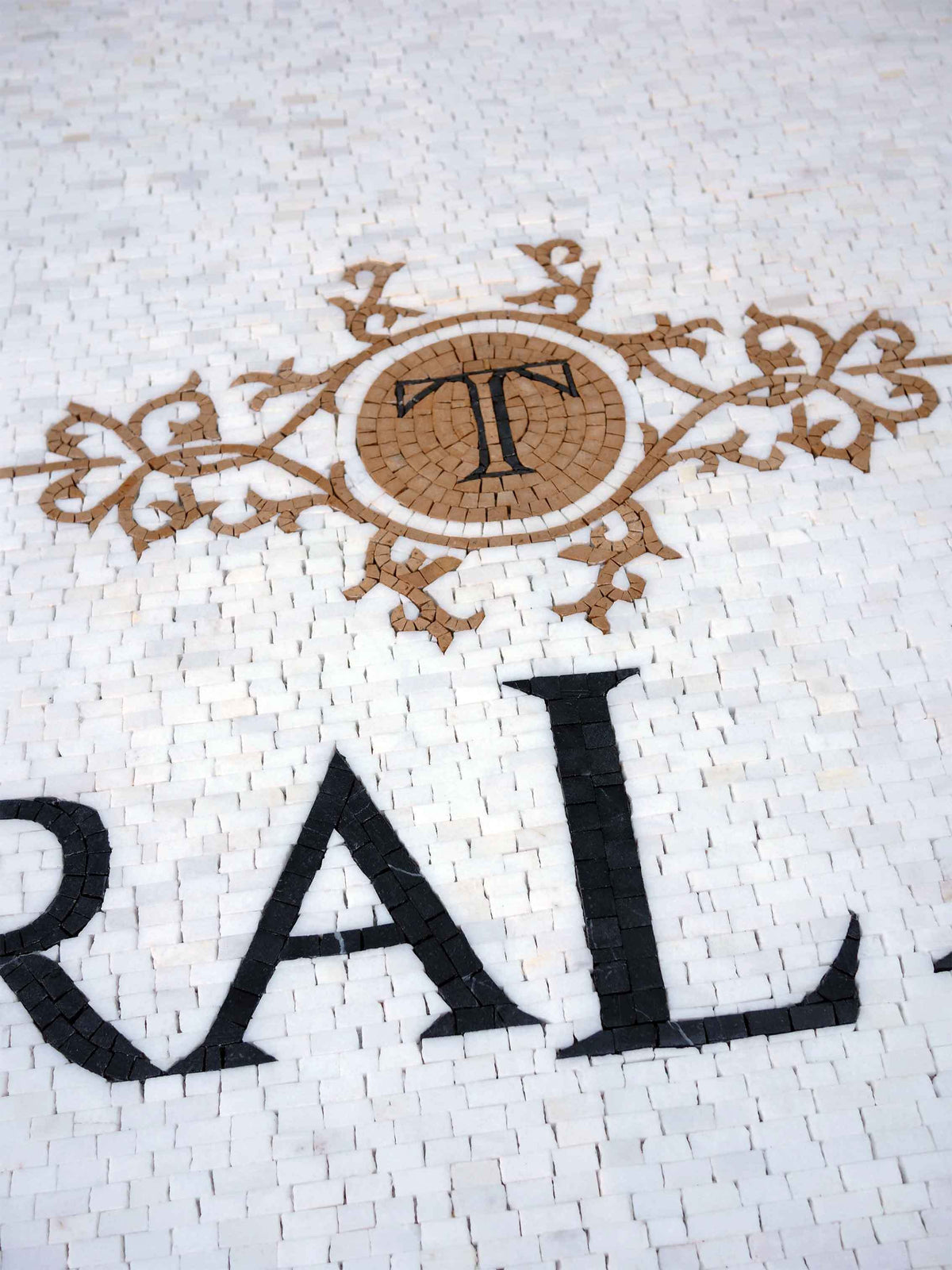 Terra Largo Custom Logo Sign – Greek Key Marble Mosaic Wall Art - Mesh Backing