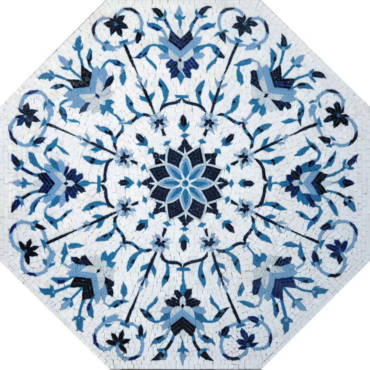 Blue Delft Floral Octagon – Ornamental Marble Mosaic Rug - Mesh Backing