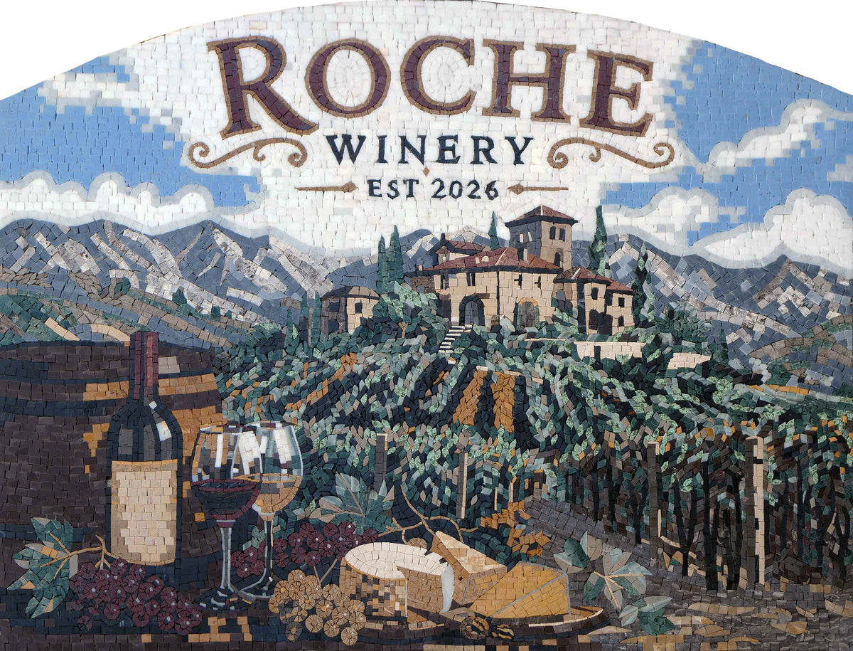 Roche Winery Custom Sign – Tuscan Vineyard Marble Mosaic Wall Art - Mesh Backing