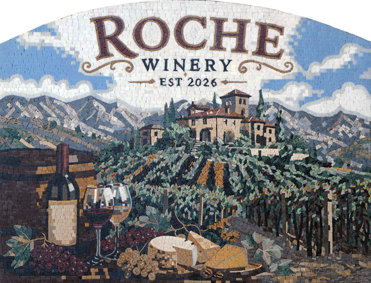 Roche Winery Custom Sign – Tuscan Vineyard Marble Mosaic Wall Art - Mesh Backing