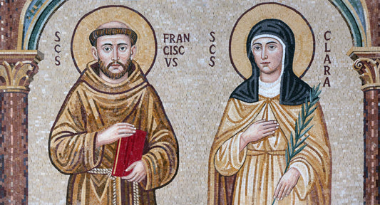 Saints Francis and Clare of Assisi – Franciscan Marble Mosaic Wall Art - Mesh Backing