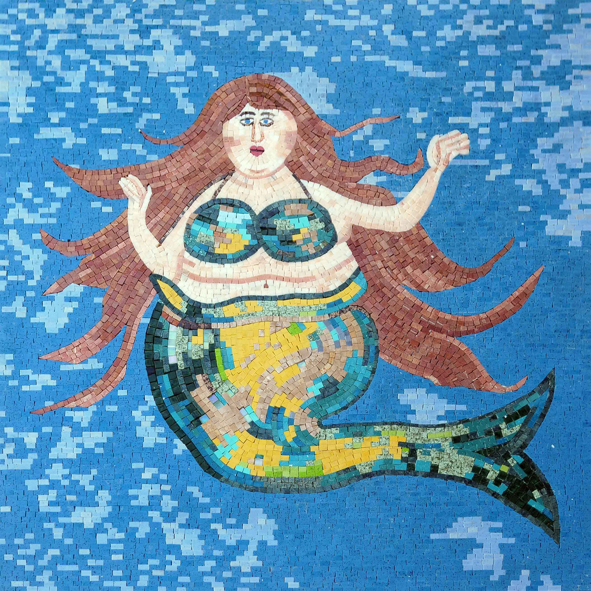 Whimsical Mermaid Portrait – Marine Life Marble Mosaic Wall Art - Mesh Backing