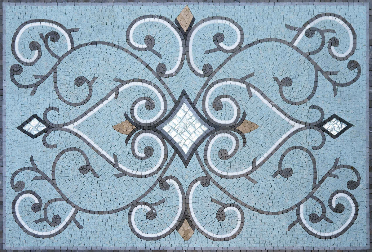 Scrollwork Diamond Medallion – Ornate Marble Mosaic Rug - Mesh Backing