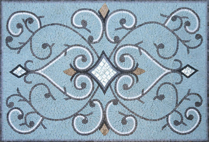 Scrollwork Diamond Medallion – Ornate Marble Mosaic Rug - Mesh Backing