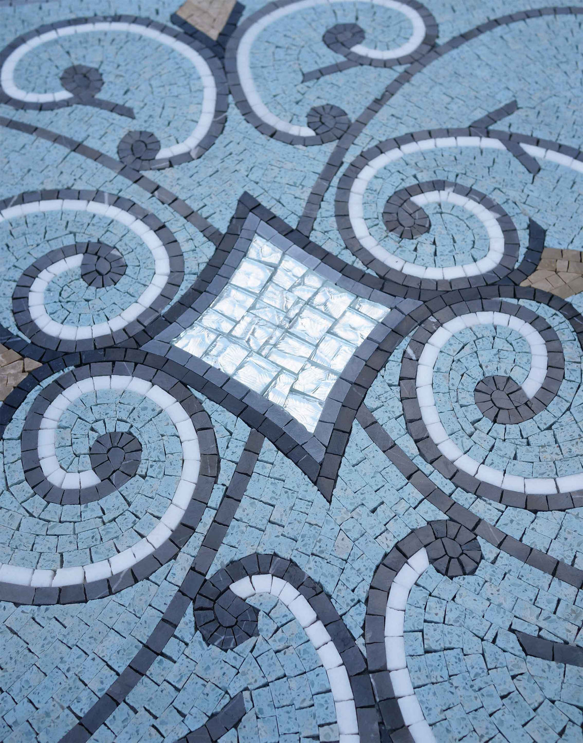 Scrollwork Diamond Medallion – Ornate Marble Mosaic Rug - Mesh Backing