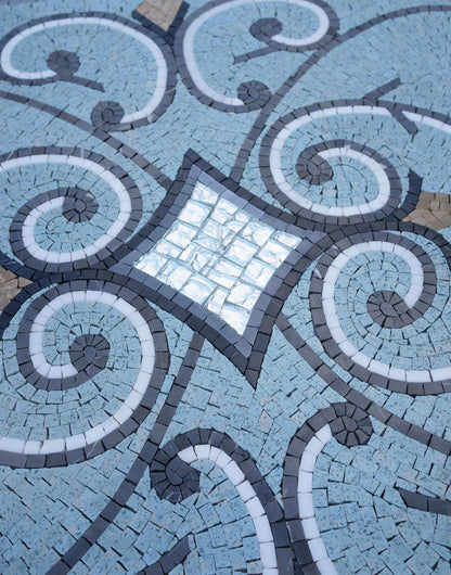 Scrollwork Diamond Medallion – Ornate Marble Mosaic Rug - Mesh Backing