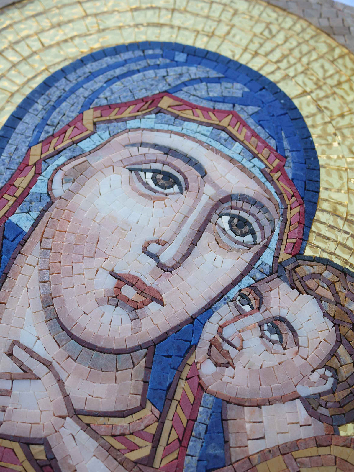 Madonna and Child Icon – Byzantine Marble Mosaic Wall Art - Mesh Backing