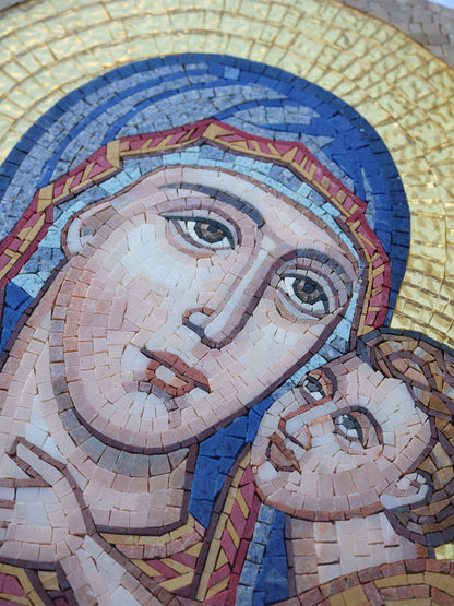 Madonna and Child Icon – Byzantine Marble Mosaic Wall Art - Mesh Backing
