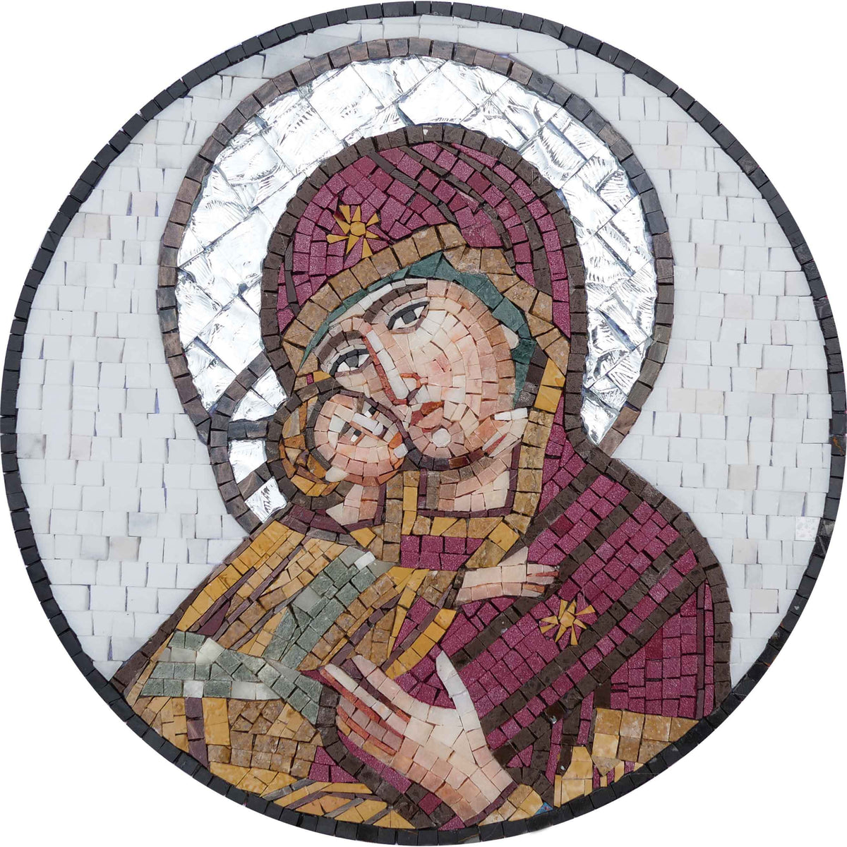 Madonna and Child Byzantine Icon – Red Marble Religious Mosaic Art - Mesh Backing