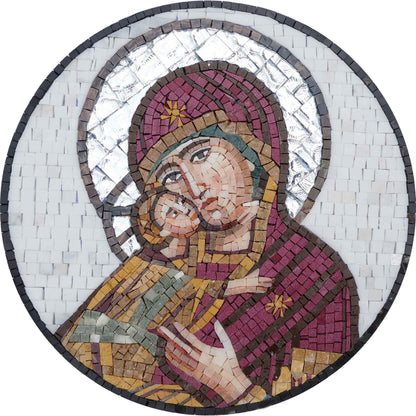 Madonna and Child Byzantine Icon – Red Marble Religious Mosaic Art - Mesh Backing