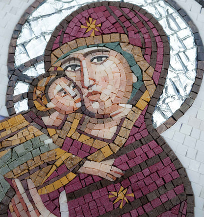 Madonna and Child Byzantine Icon – Red Marble Religious Mosaic Art - Mesh Backing