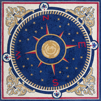 Starry Compass Rose Medallion – Navy Blue Marble Mosaic Floor & Wall Art - Mesh Backing