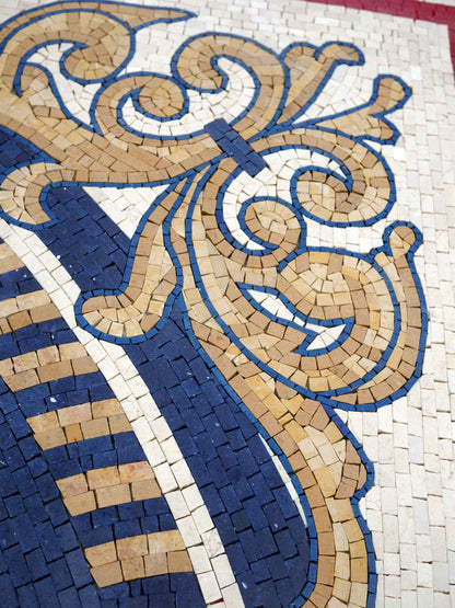 Starry Compass Rose Medallion – Navy Blue Marble Mosaic Floor & Wall Art - Mesh Backing