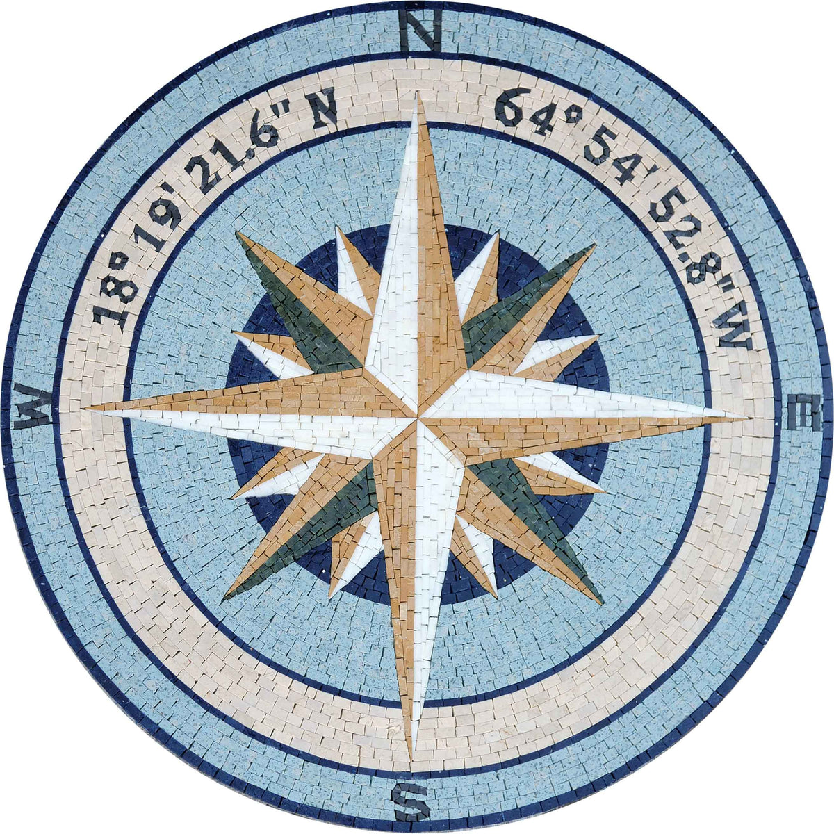 Compass Rose Mosaic - Blue Marble Wall Medallion - Mesh Backing
