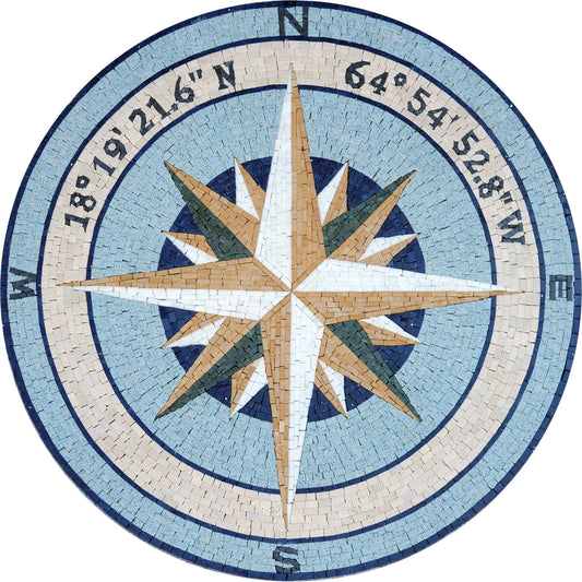Compass Rose Mosaic - Blue Marble Wall Medallion - Mesh Backing