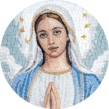 Praying Virgin Mary Mosaic - Blue and White Marble Wall Art - Mesh Backing