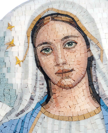 Praying Virgin Mary Mosaic - Blue and White Marble Wall Art - Mesh Backing