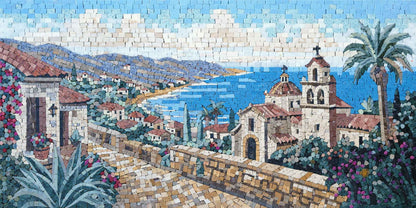Mediterranean Village Scenary - Marble Mosaic Art - Mesh Backing