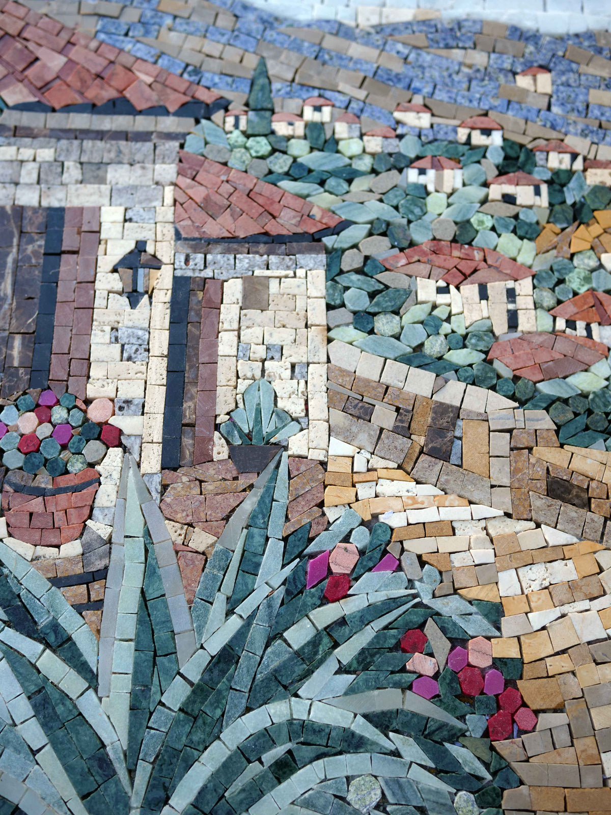 Mediterranean Village Scenary - Marble Mosaic Art - Mesh Backing