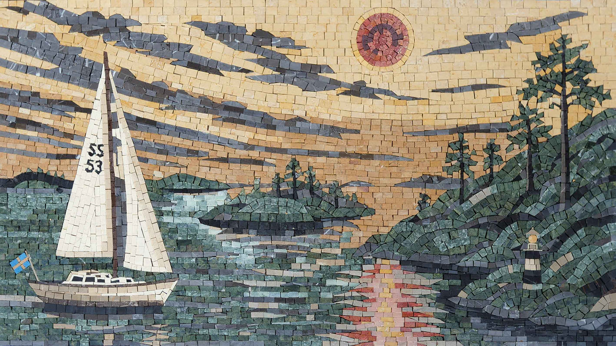 Sailboat & Lighthouse Marble Mosaic - Mesh Backing