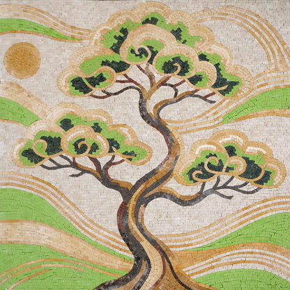 Stylized Bonsai Tree Landscape – Zen Nature Marble Mosaic Wall Art - Mesh Backing
